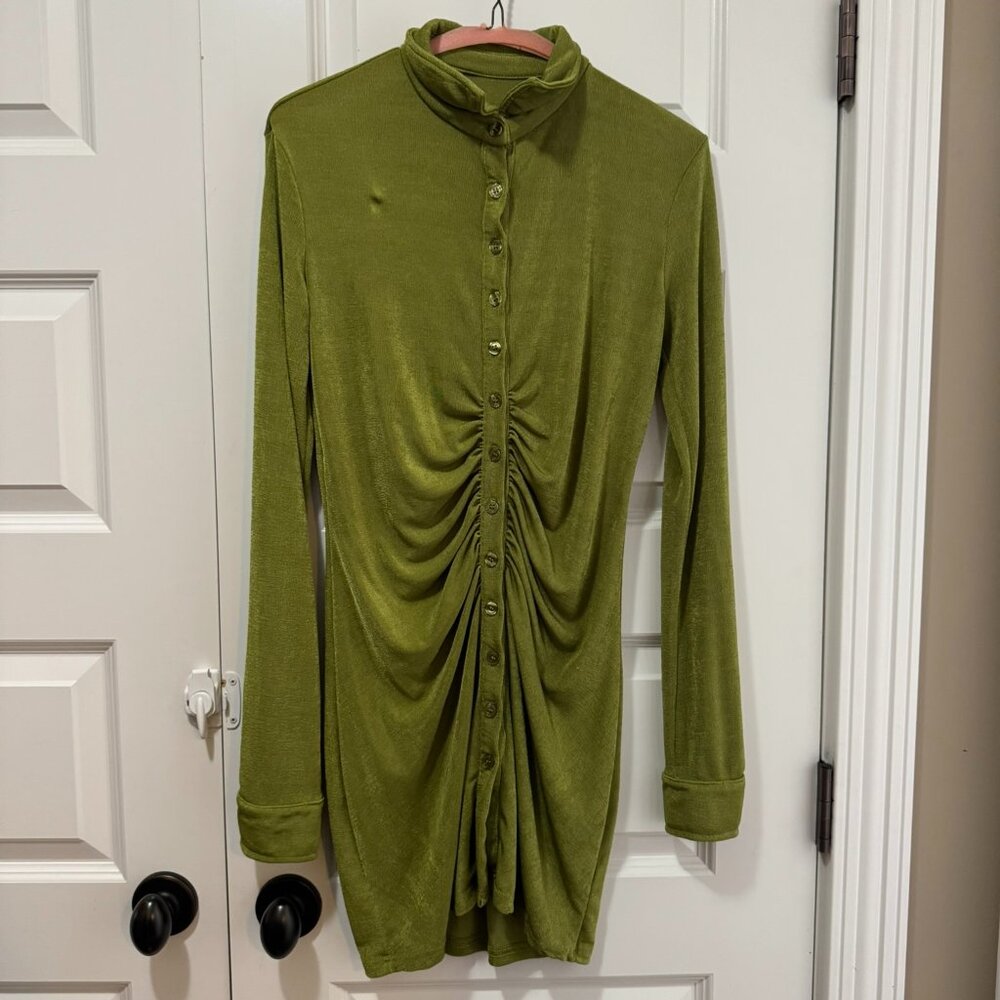 Ruched Front Long Sleeve Button-Up Top – Olive Green, Size M